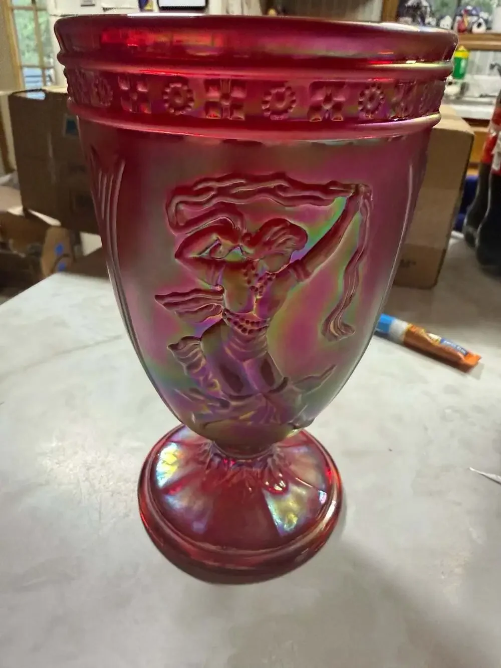 Fenton Ruby Red Carnival Glass Dancing Ladies Urn Vase